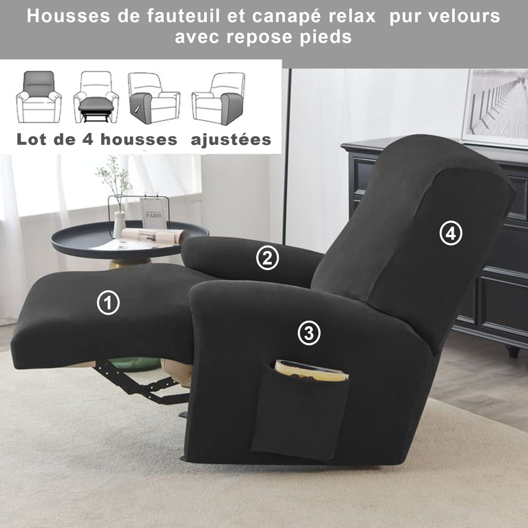 housse pour fauteuil relaxation extensible 4 pièces noir