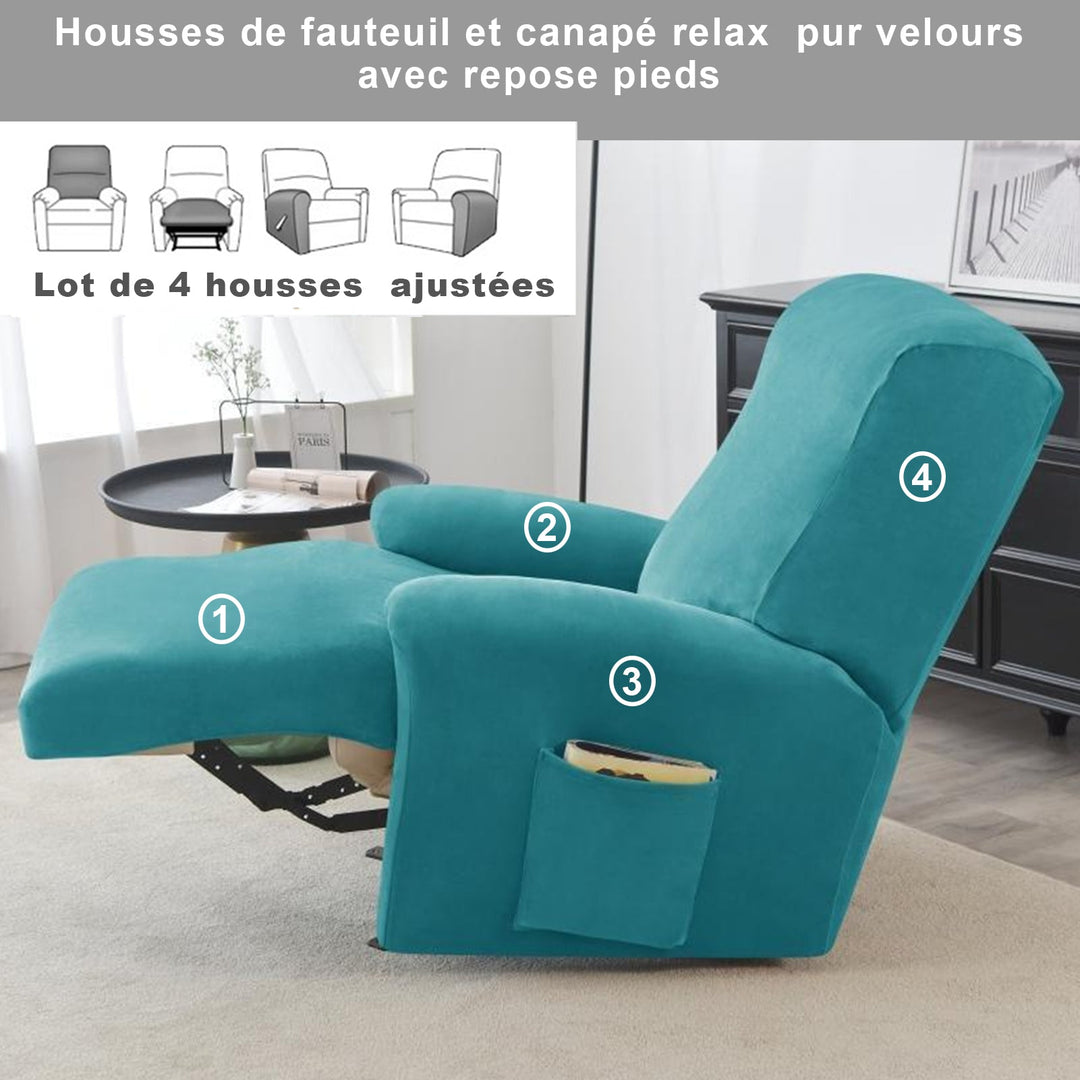 housse pour fauteuil relaxation velours 4 pièces turquoise