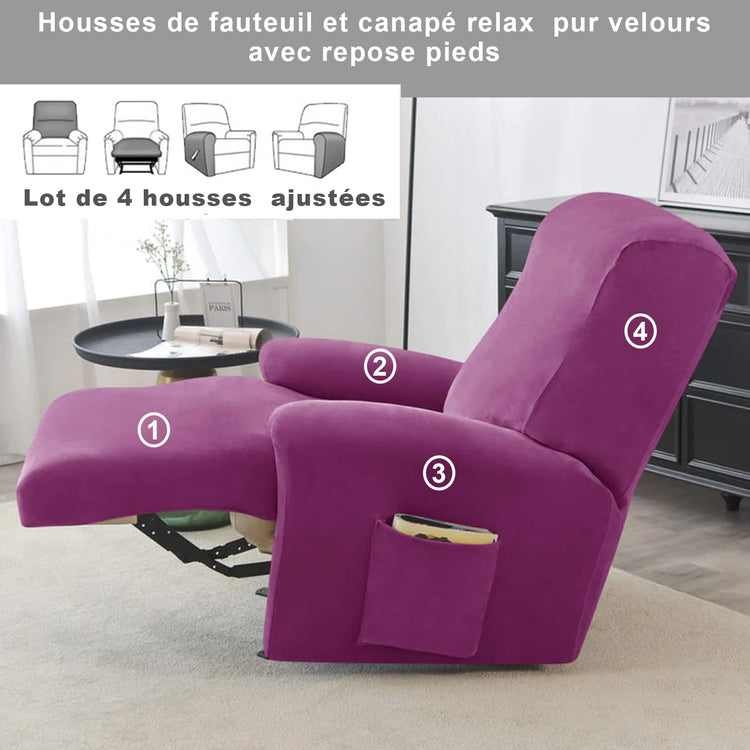 housse pour fauteuil relaxation velours 4 pièces violet