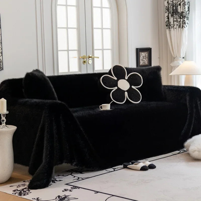 jeté de canapé luxe grande taille en fourrure chaude noir