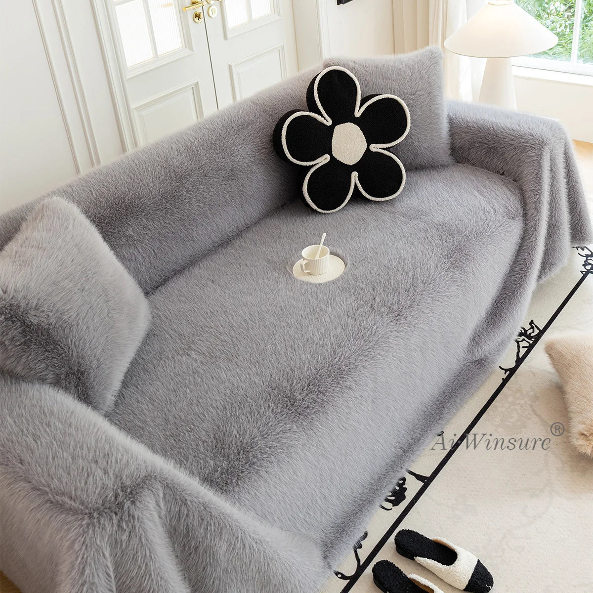 jeté de canapé luxe grande taille en fourrure gris